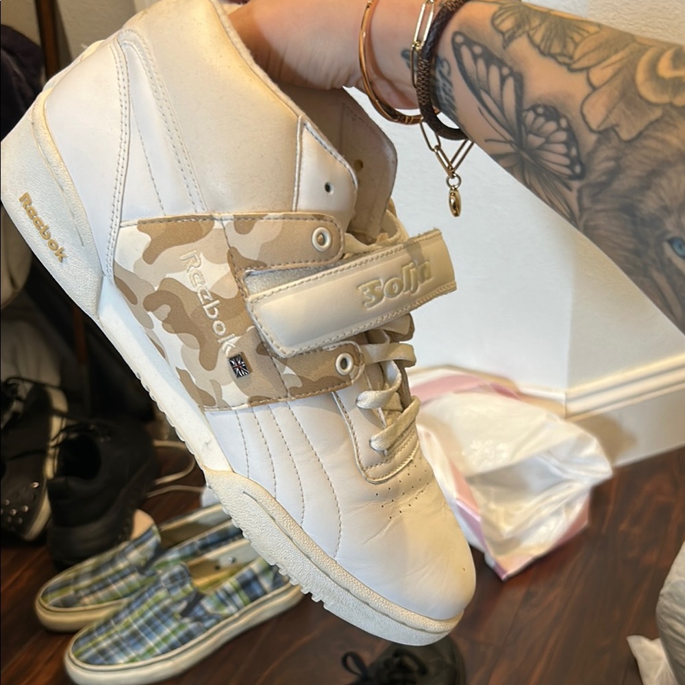 Reebok White and Beige Camo solja Sneakers